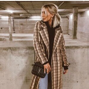 Sage the label Joelle taupe plaid double breasted coat black rust brown